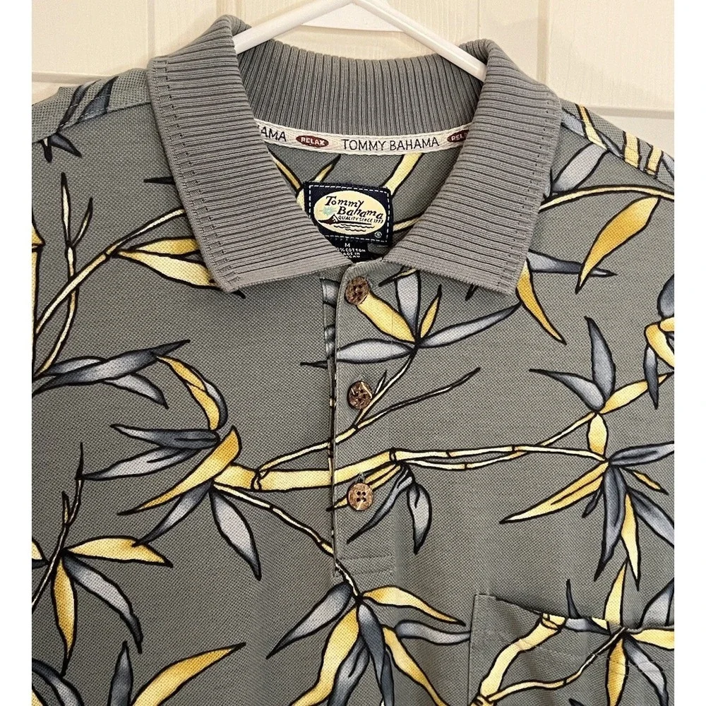 Tommy Bahama Polo Shirt Men's Medium Green Hawaiian Floral Bamboo Casual Relax‎